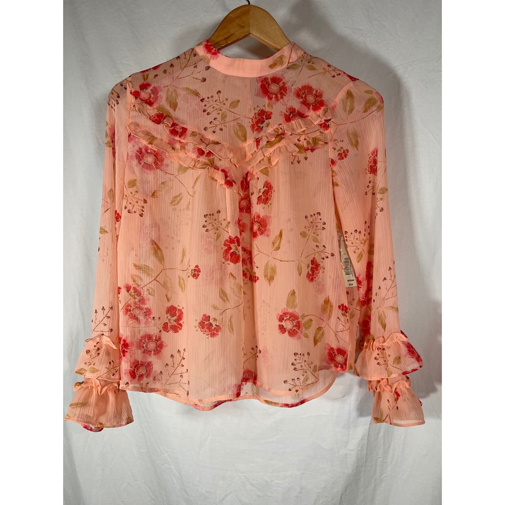 Arizona Jean Co Peach Blush Floral Ruffle Mock Neck Chiffon Blouse Medium NEW